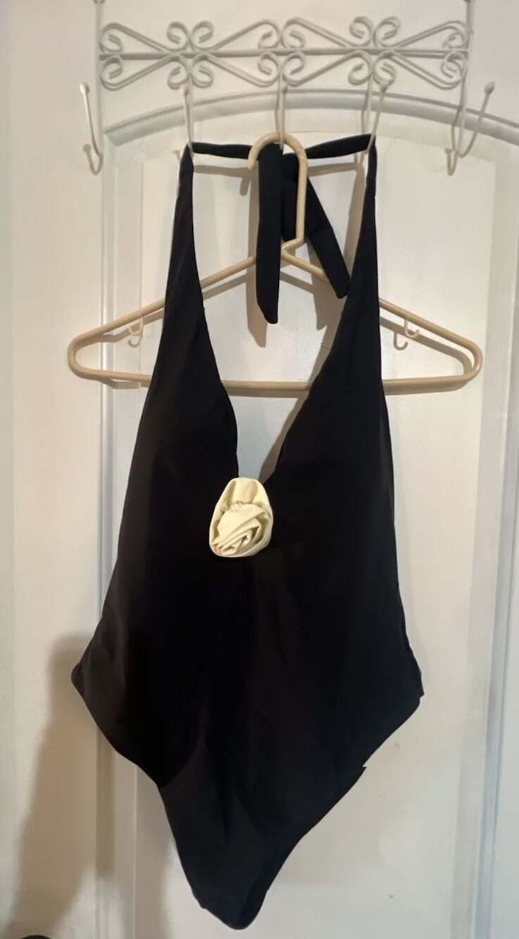 NWT Rebecca Minkoff Black Halter One-Piece Swimsuit with Rose Detail Size L